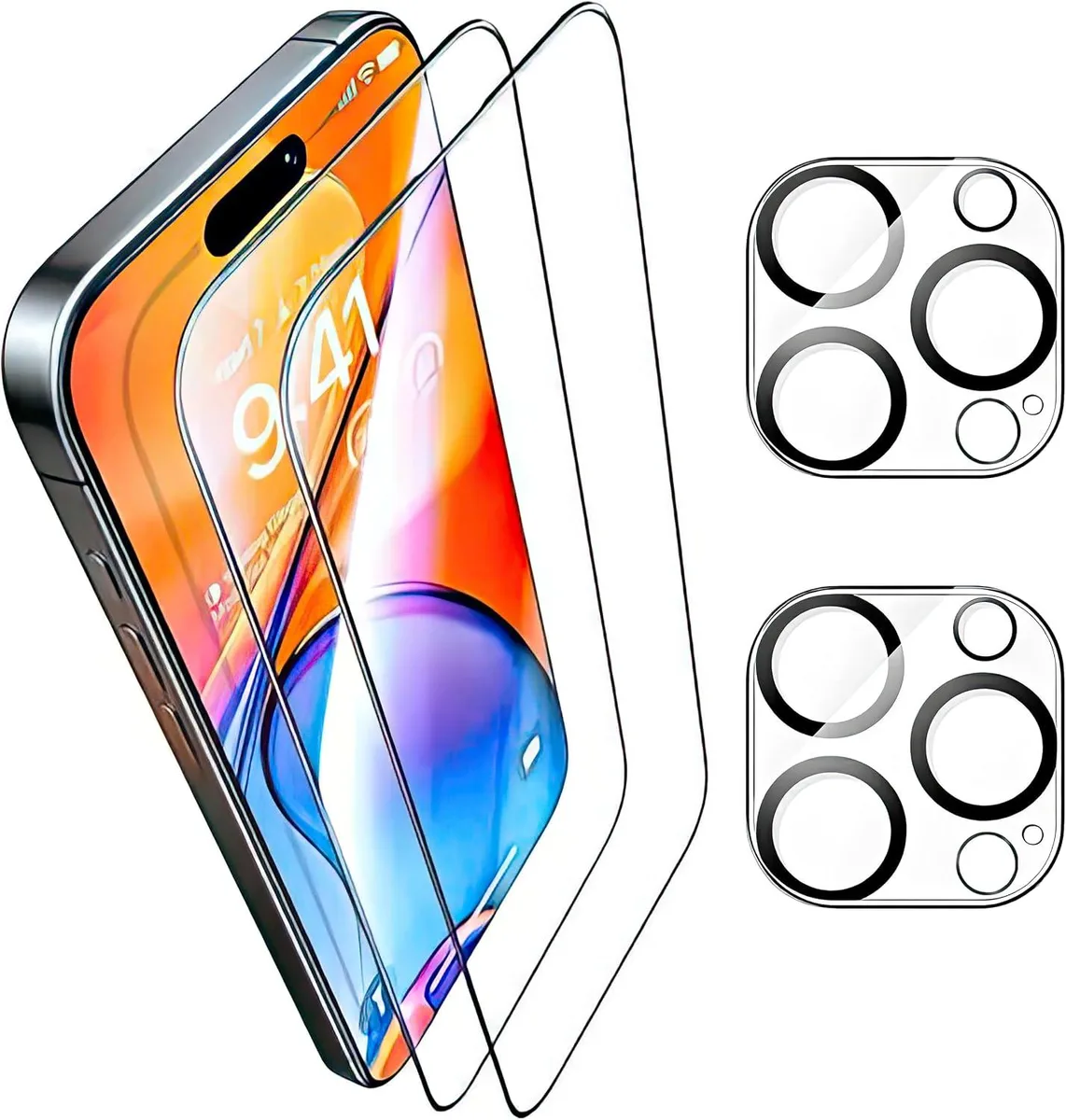 Two clear tempered-glass screen protectors and two matching camera lens protectors for iPhone 15 Pro Max