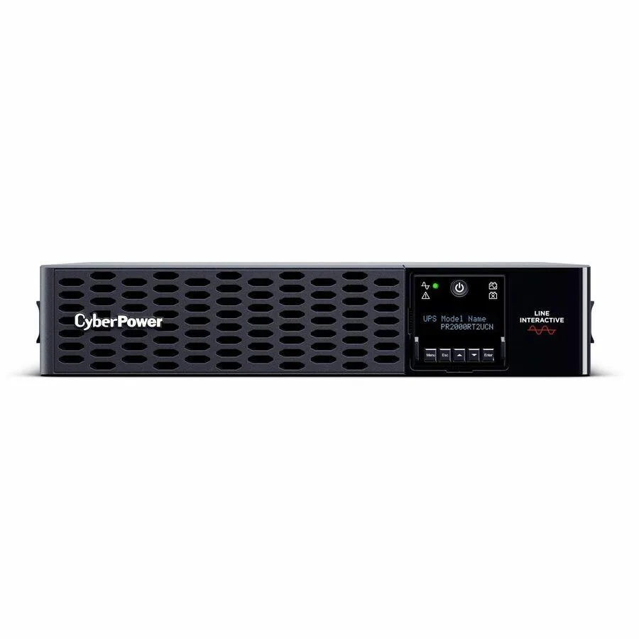 Black rack-mount UPS with LCD screen and eight outlets