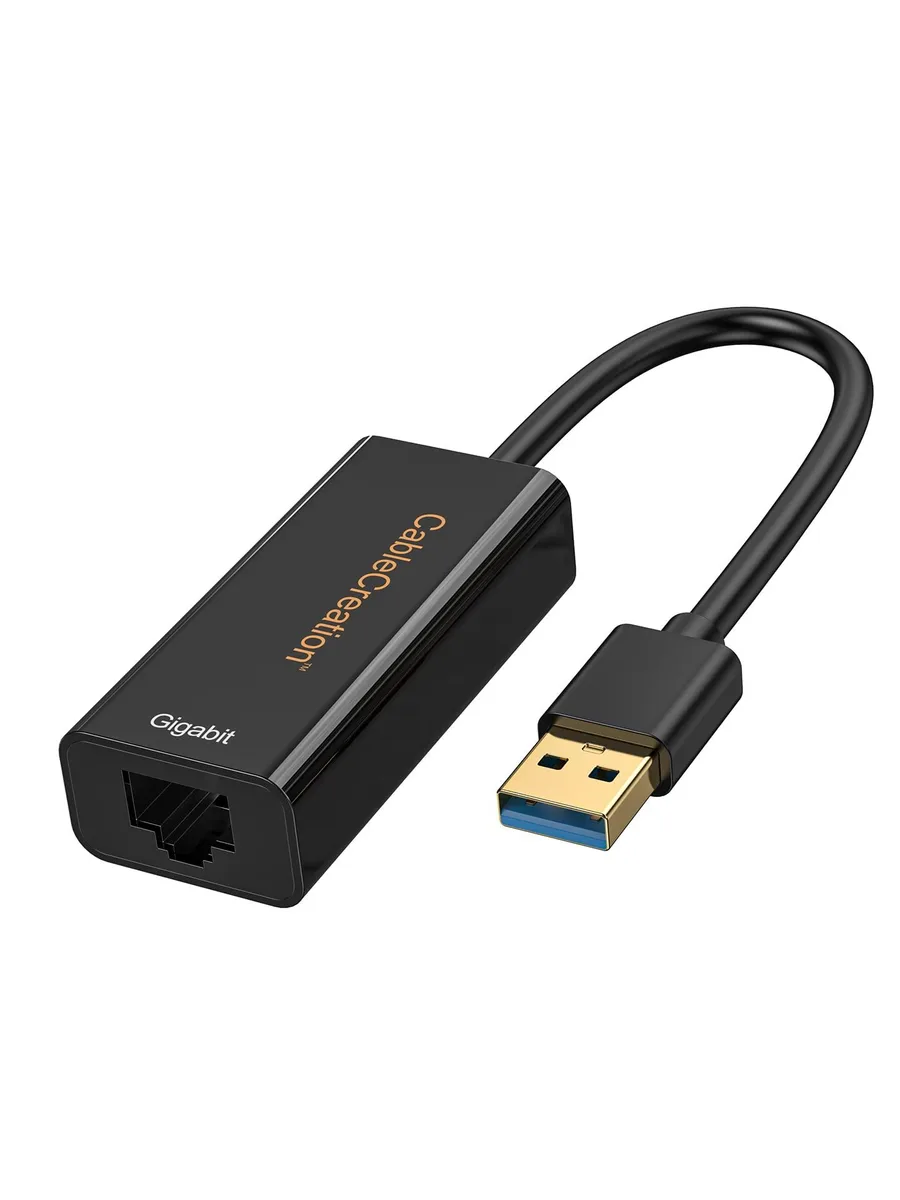 Compact black USB 3.0 to Gigabit Ethernet adapter with RJ45 port and short cable