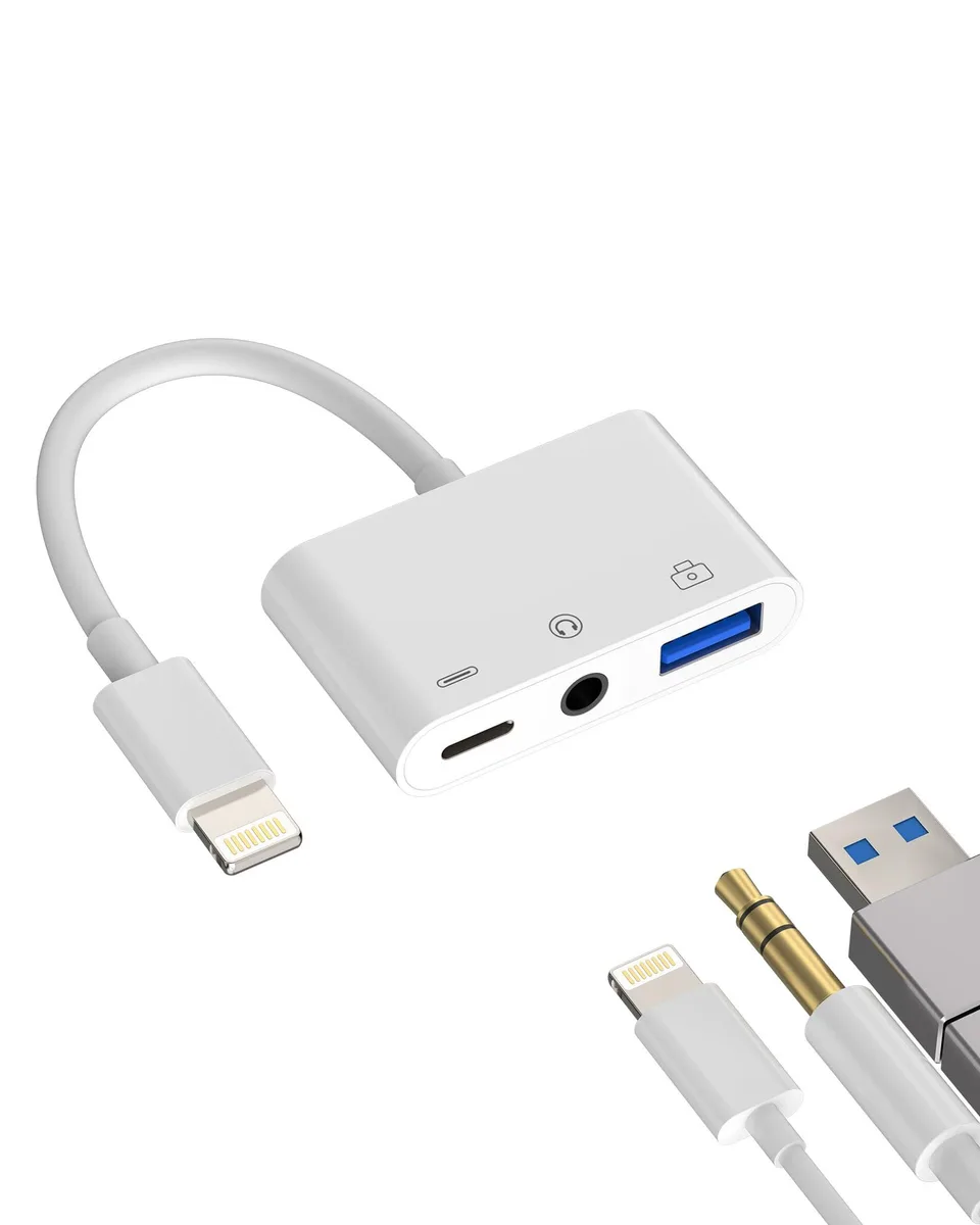White 3-in-1 Lightning dongle with 3.5 mm jack and USB port