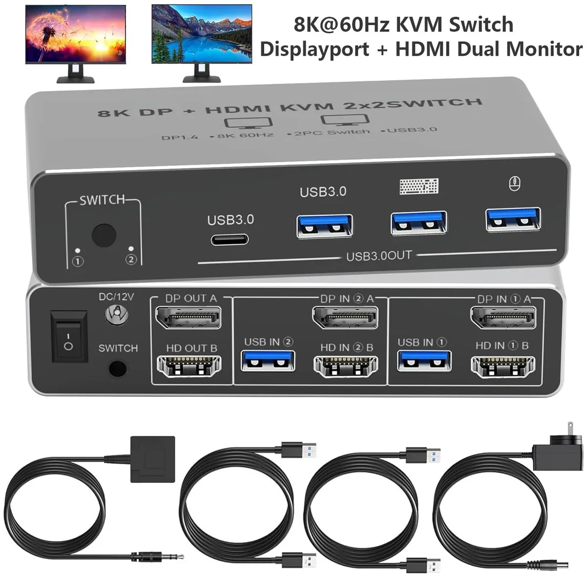 IHDAPP IHDAPP HDMI + DisplayPort KVM Switch 2 PCs 2 Monitors 8K@60Hz 4K@120Hz 4 USB 3.0 Wired Remote — product photo