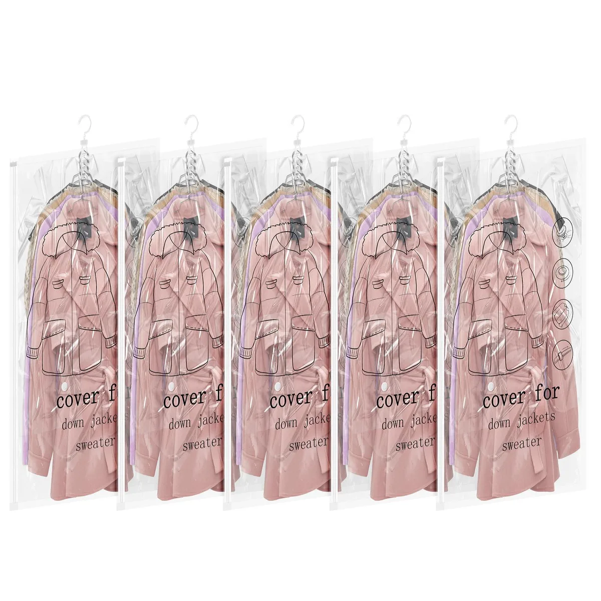 Five hanging vacuum storage bags, transparent with multi-colour trim, each 43.3 by 27.6 inches
