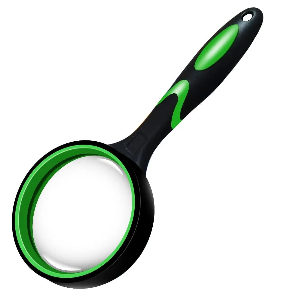 Twelve green handheld magnifiers with glass lenses and rubberised frames