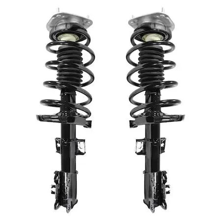 Pair of silver metal strut assemblies with coiled springs and top mounts, ready for installation