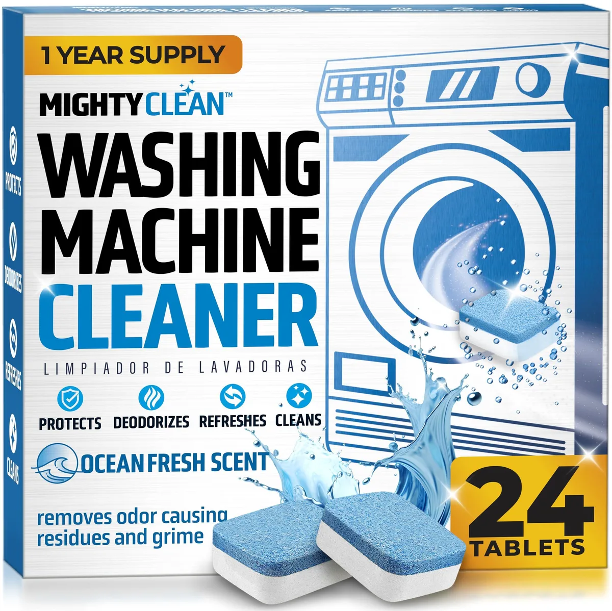 White tub of 24 washing machine cleaner tablets