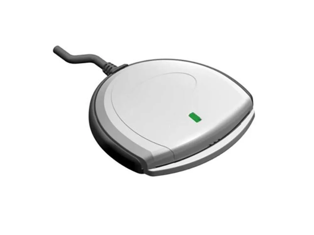 Compact white USB smart card reader with rectangular body and integrated Type A connector