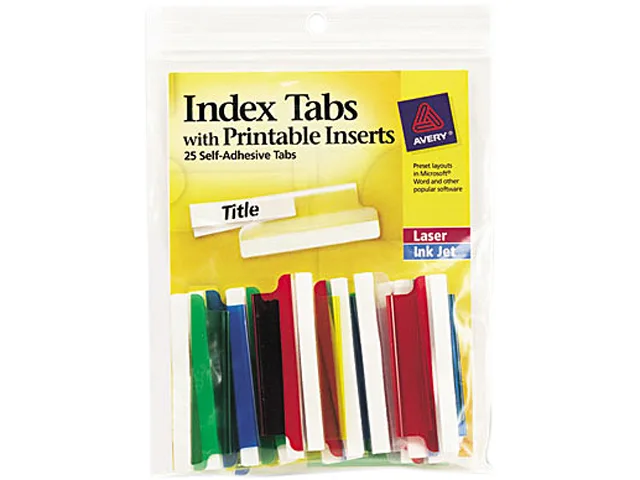 Pack of 25 assorted colour self-adhesive tabs with white printable inserts