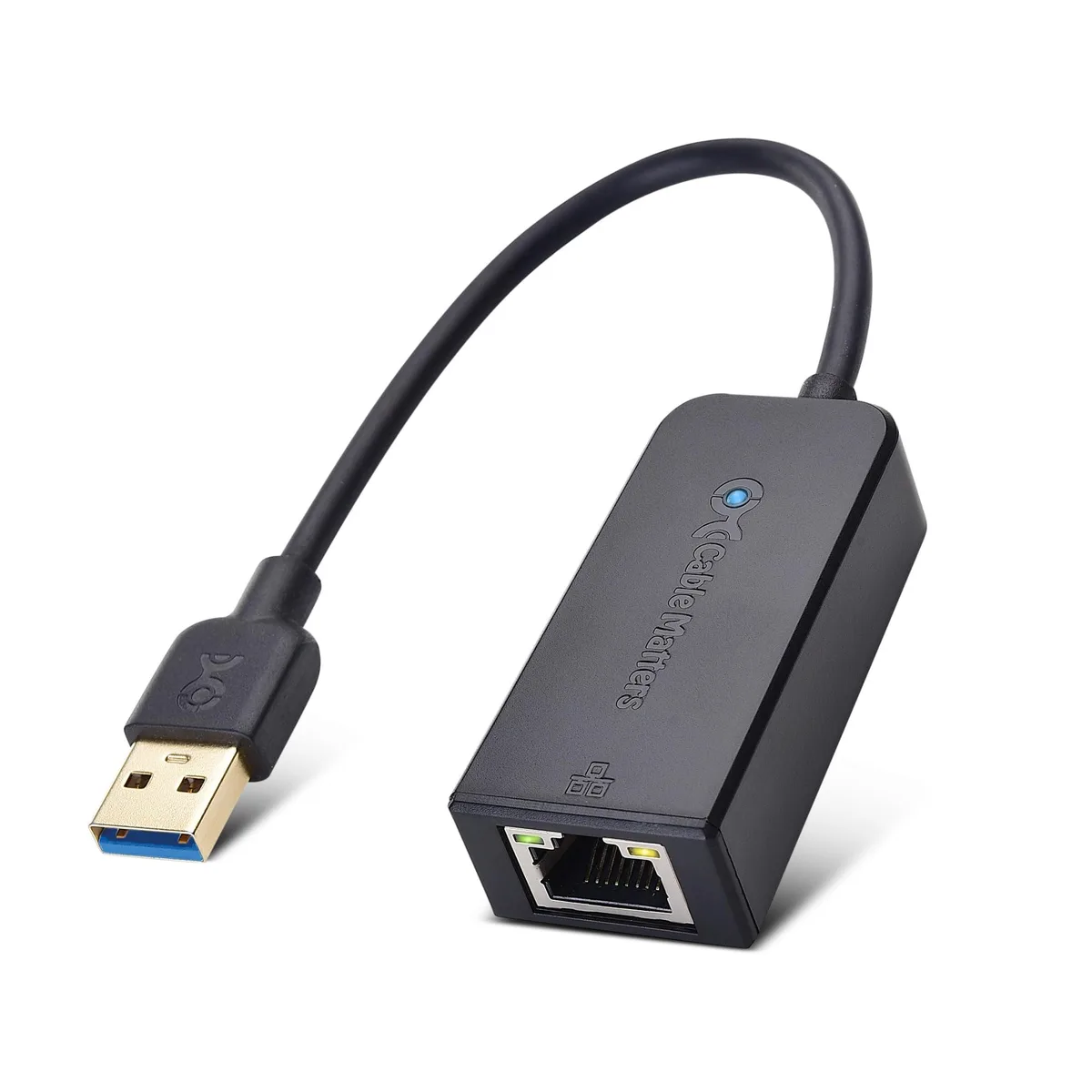 Compact black USB 3.0 to Gigabit Ethernet adapter with RJ45 port