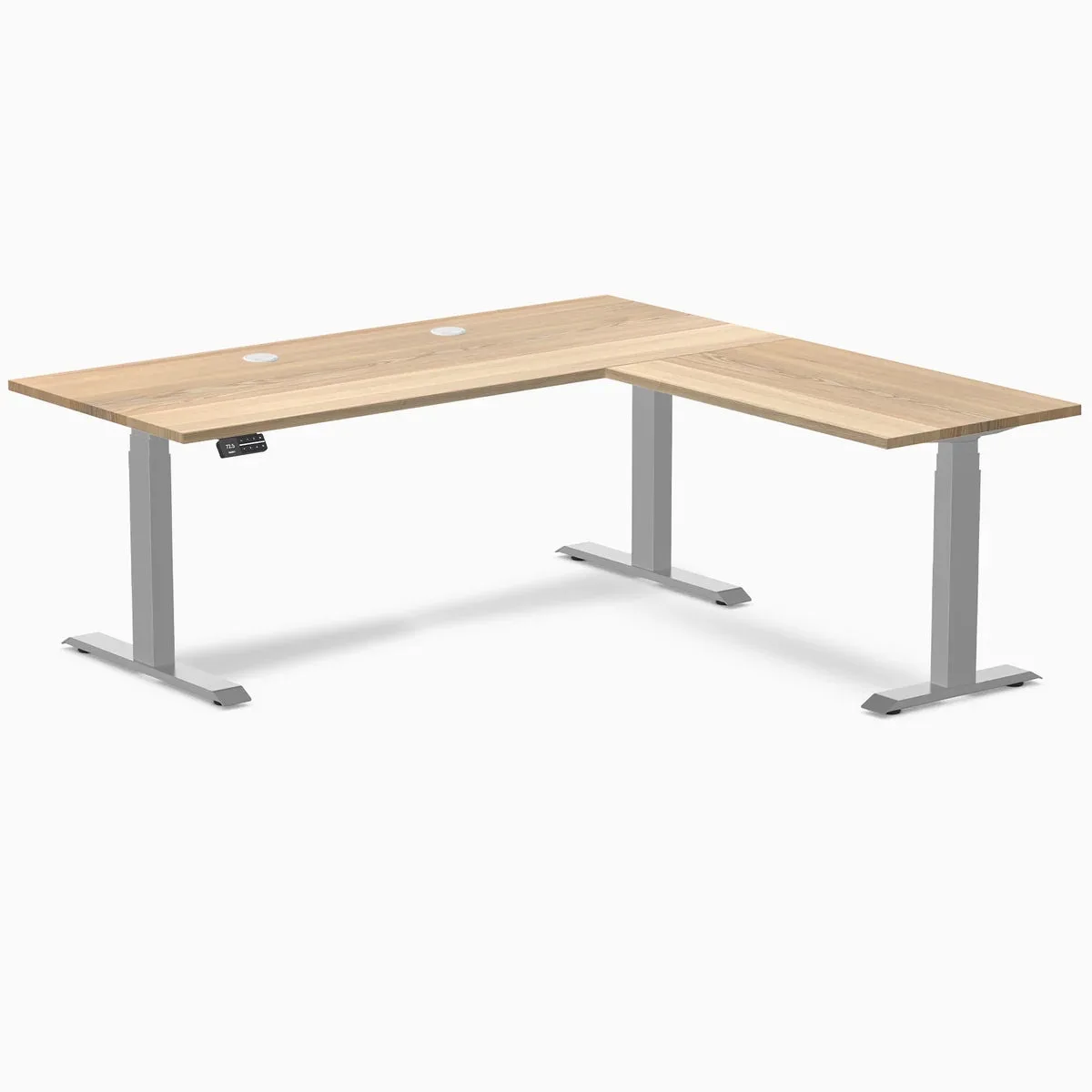 Desky Desky Hardwood L-Shape Sit Stand Desk White Ash Grey 72 x 30 x 70 x 24 in with Grommets — product photo