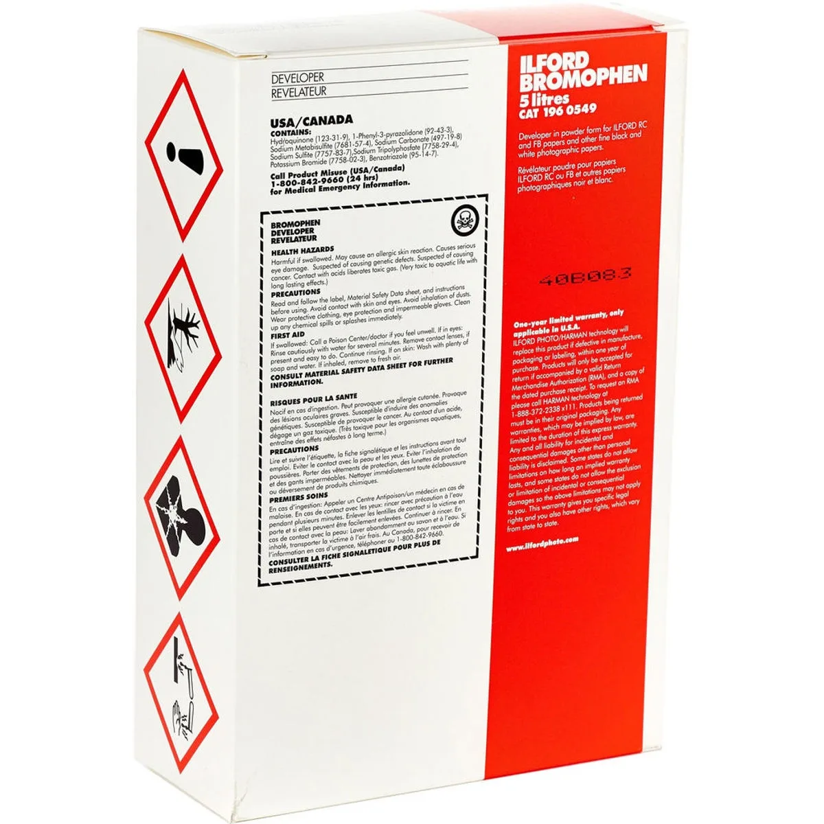 White powder in a sealed container labelled Ilford Bromophen developer 1960549