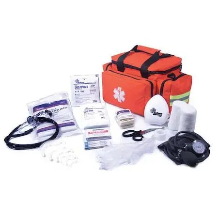 Orange polypropylene emergency medical kit bag with 34 components inside