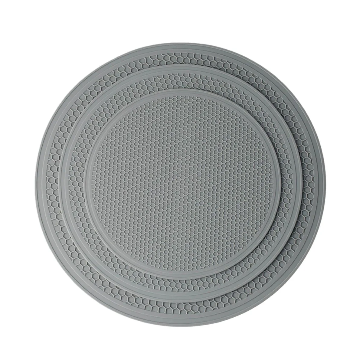 Three round grey silicone mats in graduated sizes 7.87 9.84 11.8 inch