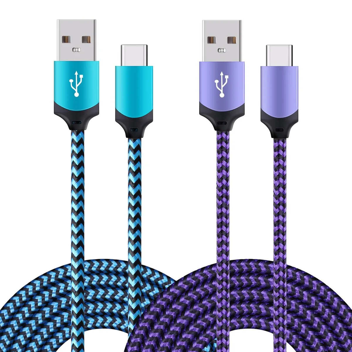 Blue-purple USB-A to USB-C cable, 6 ft, braided nylon jacket