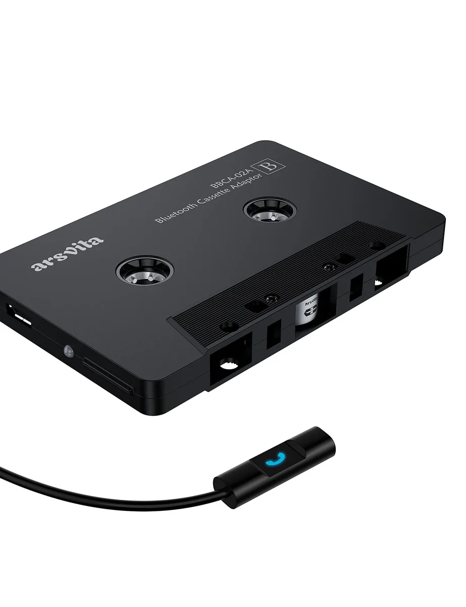 Charcoal black cassette-shaped Bluetooth 5.0 adapter with matte auxiliary connector