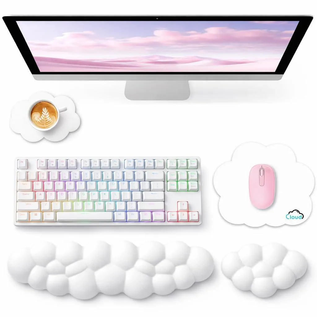 White vegan leather cloud-shaped wrist rest set with memory foam base, includes keyboard rest, mouse rest, mouse pad and coaster