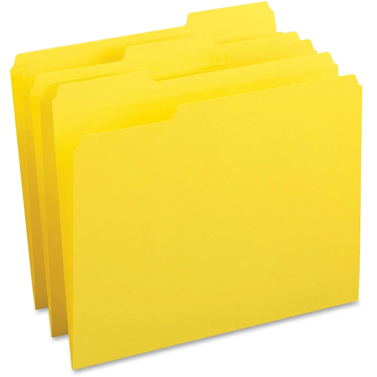 A box of one hundred yellow letter-size file folders with assorted one-third cut tabs