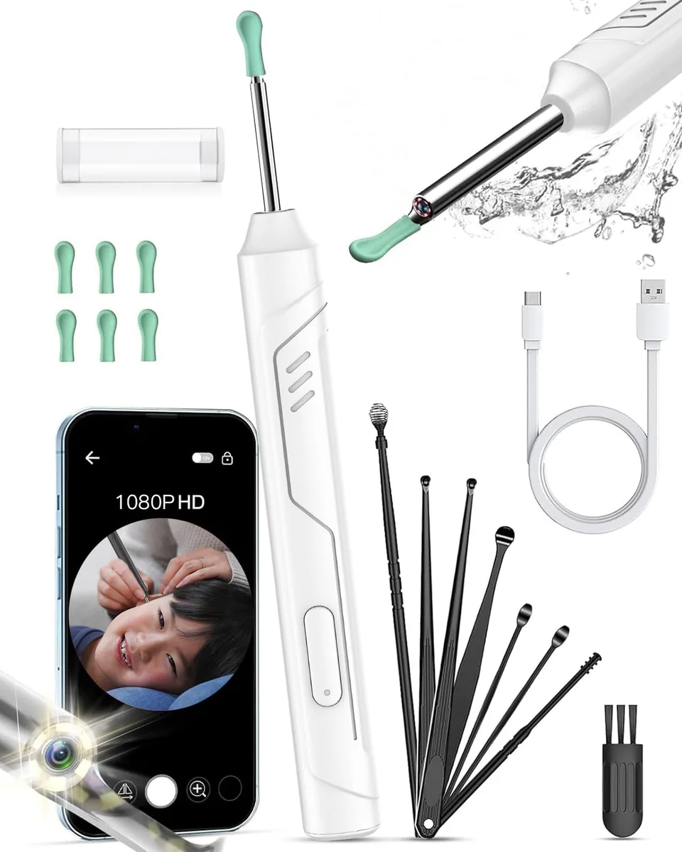 White wireless ear camera with 3.5mm lens and six LED lights