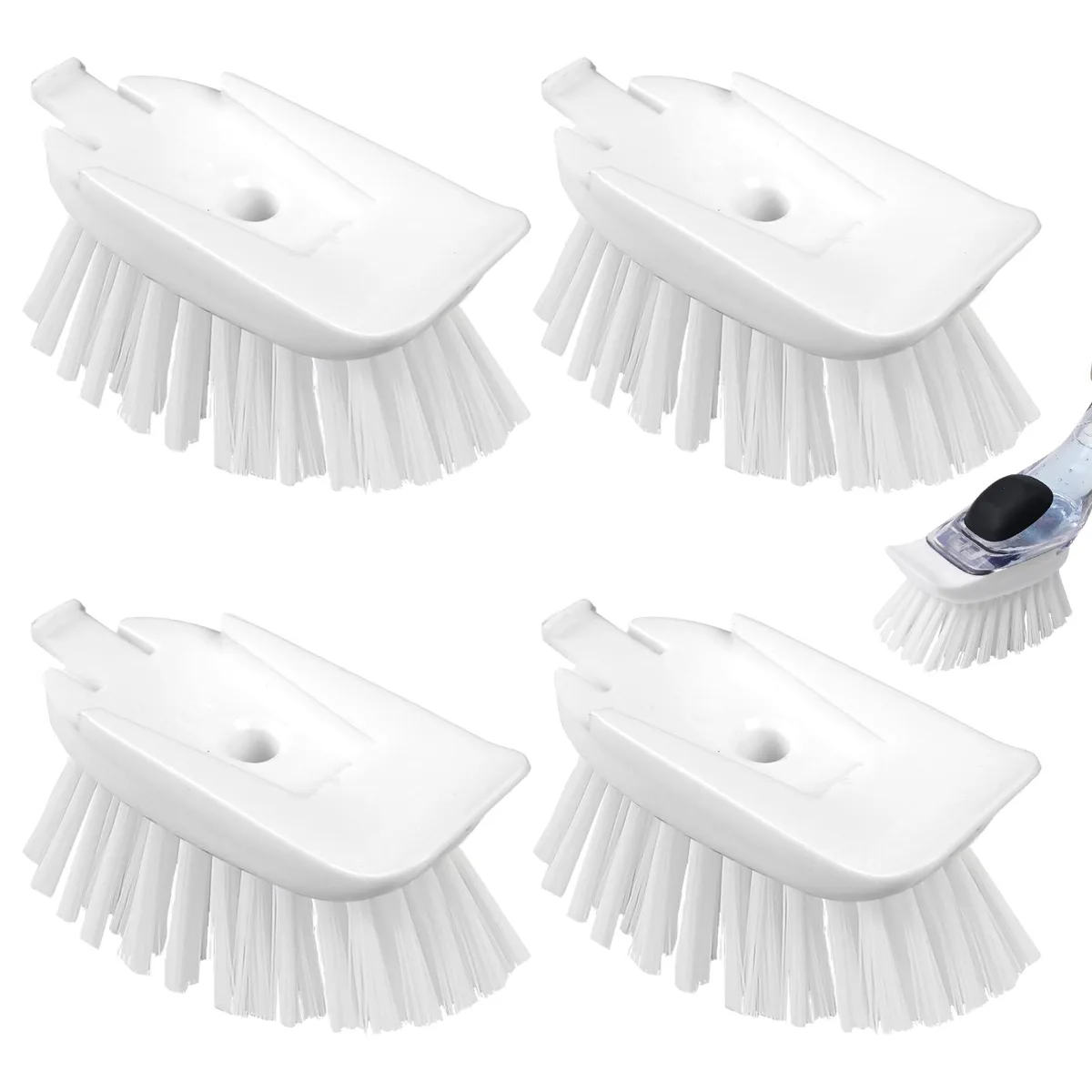 Four white brush refills with centre soap holes and rear scrapers, no handles included