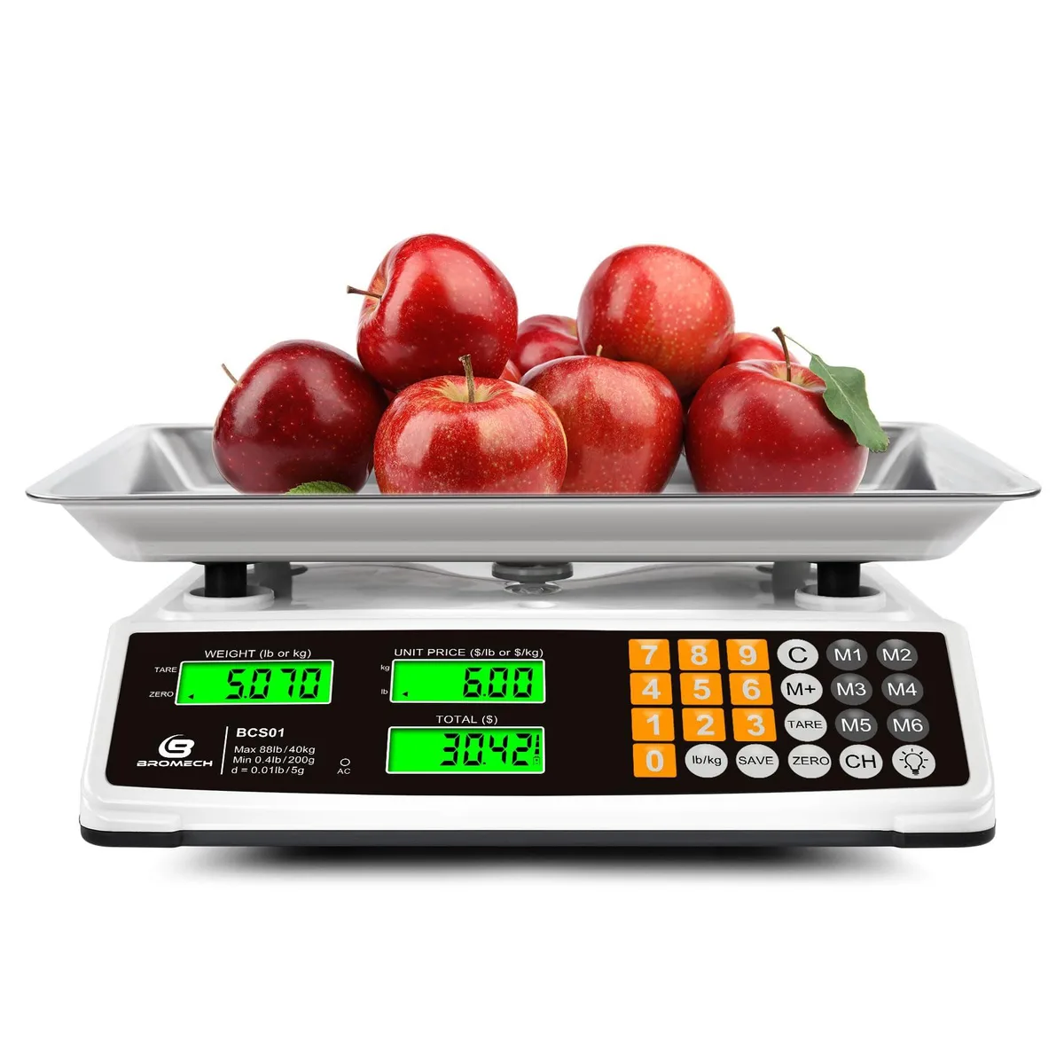 Silver counter scale with stainless platform and green LCD display