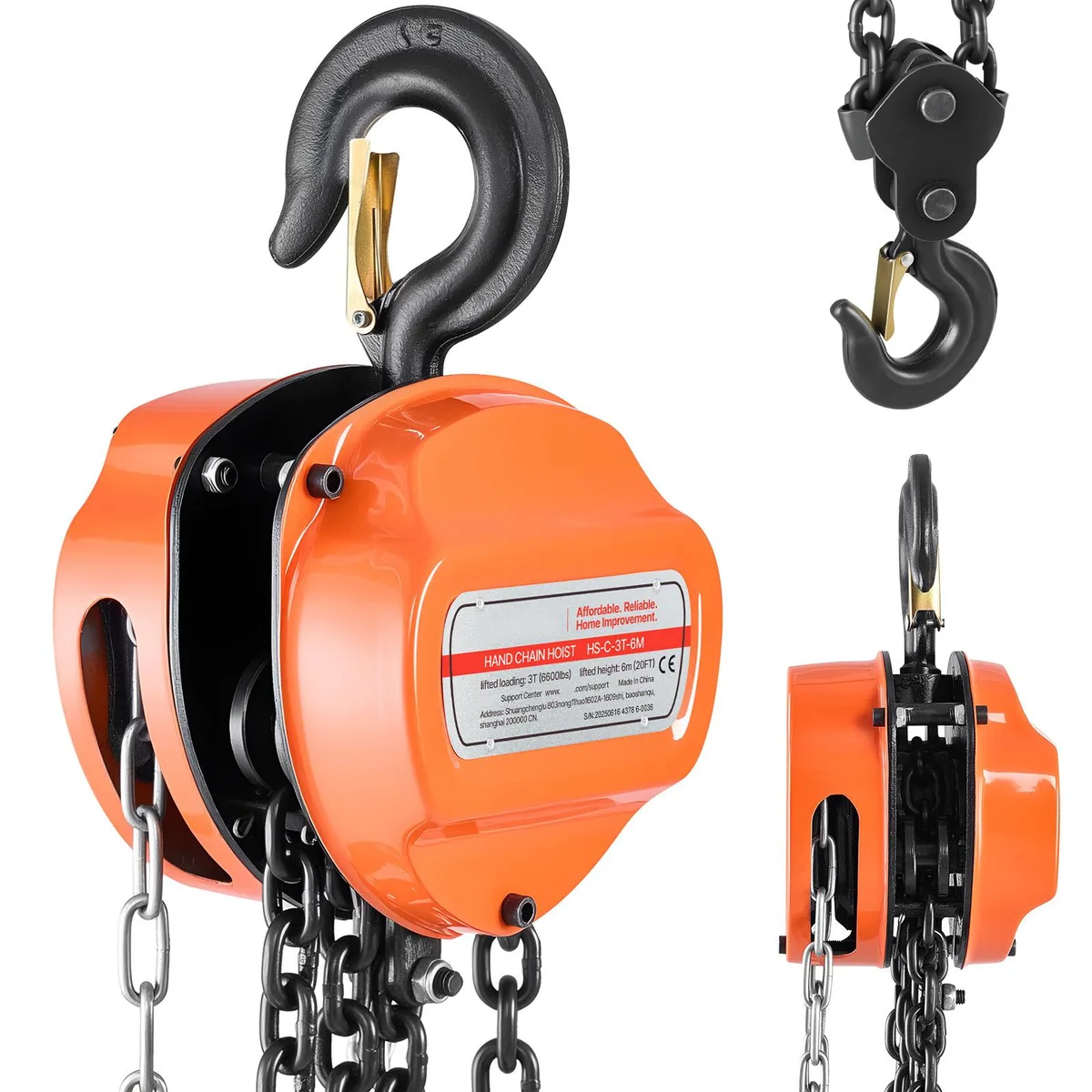 VEVOR VEVOR Hand Chain Hoist 3 T 6600 lbs 20 ft G80 Orange — product photo