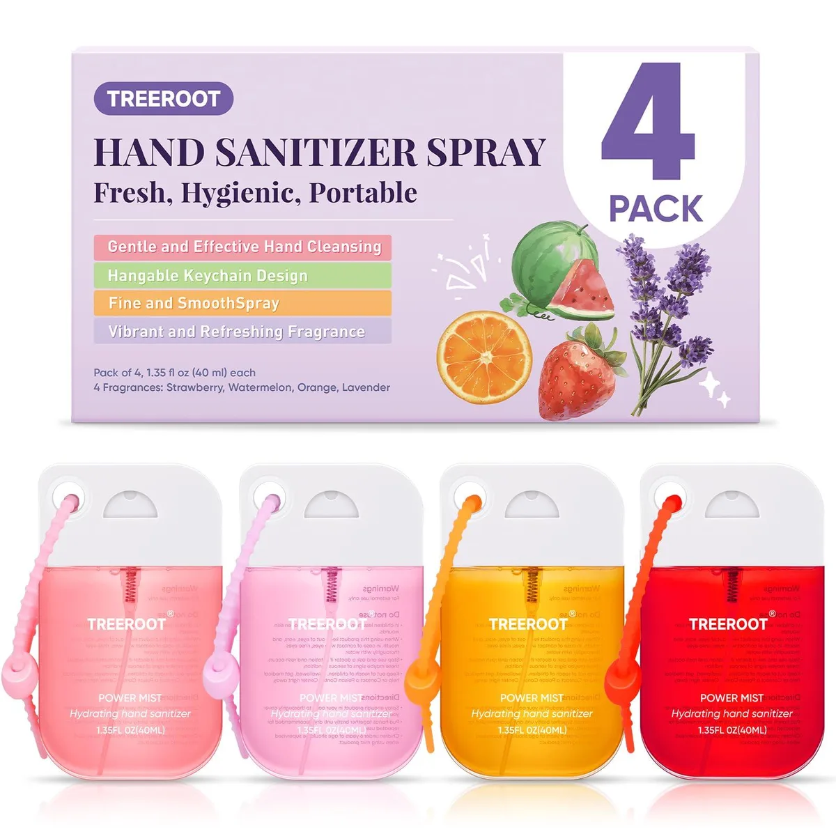 Four flat square spray bottles with keychains, strawberry watermelon orange lavender scents