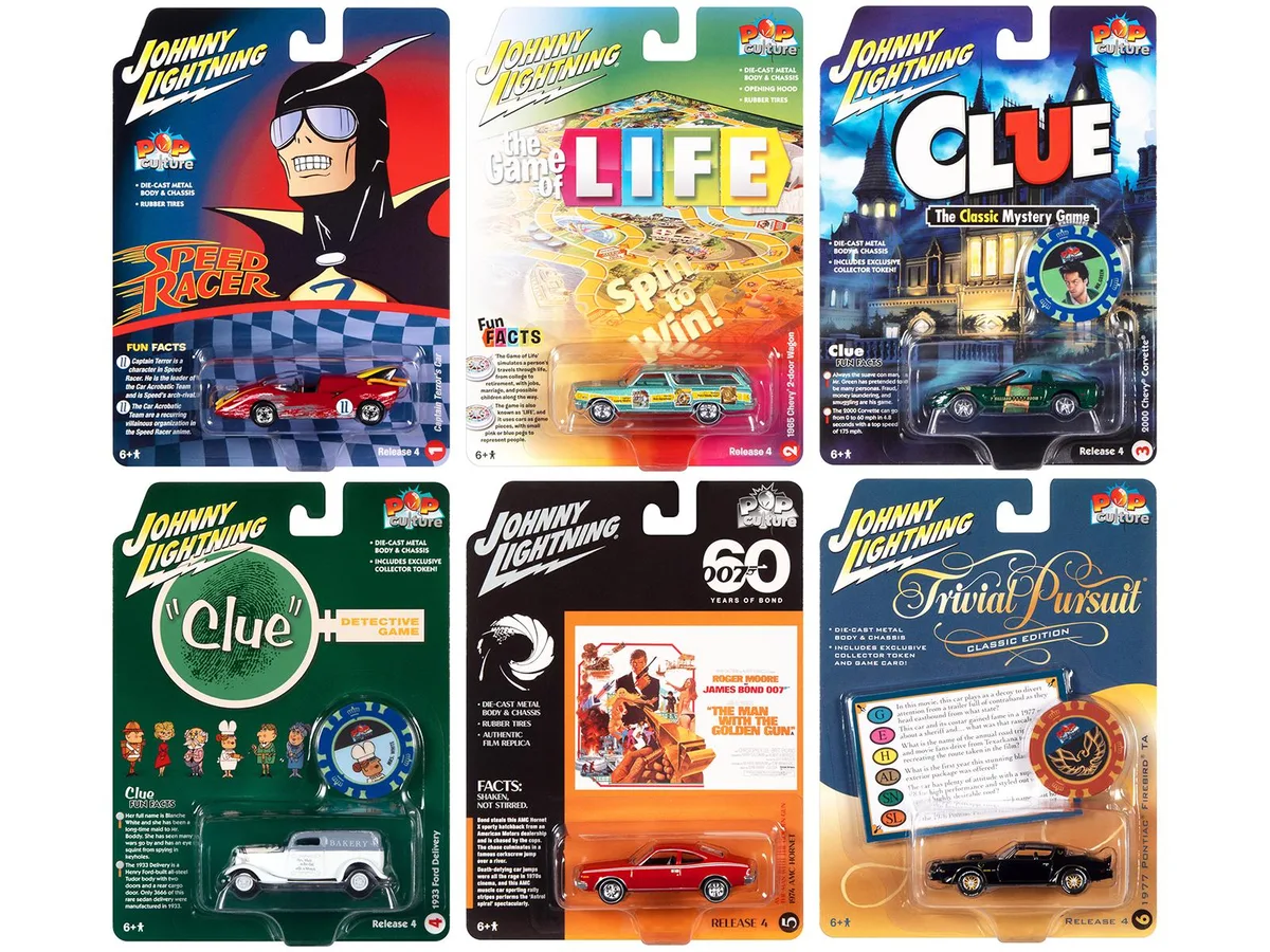 JOHNNY LIGHTNING JOHNNY LIGHTNING Pop Culture 2022 Release 4 1/64 Diecast 6-Car Set hobby collectible — product photo
