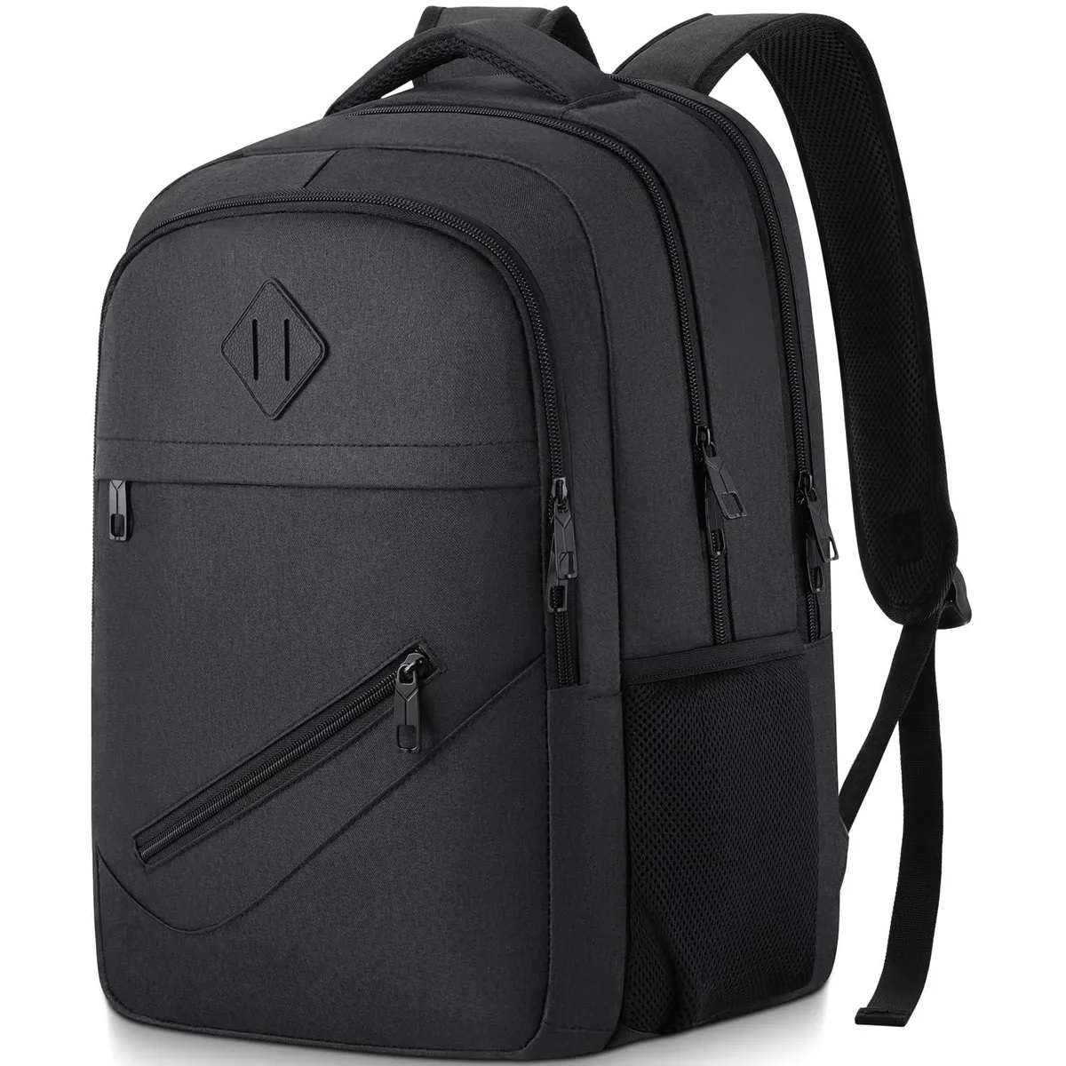 Black polyester laptop backpack with padded 15.6 inch compartment and side pockets