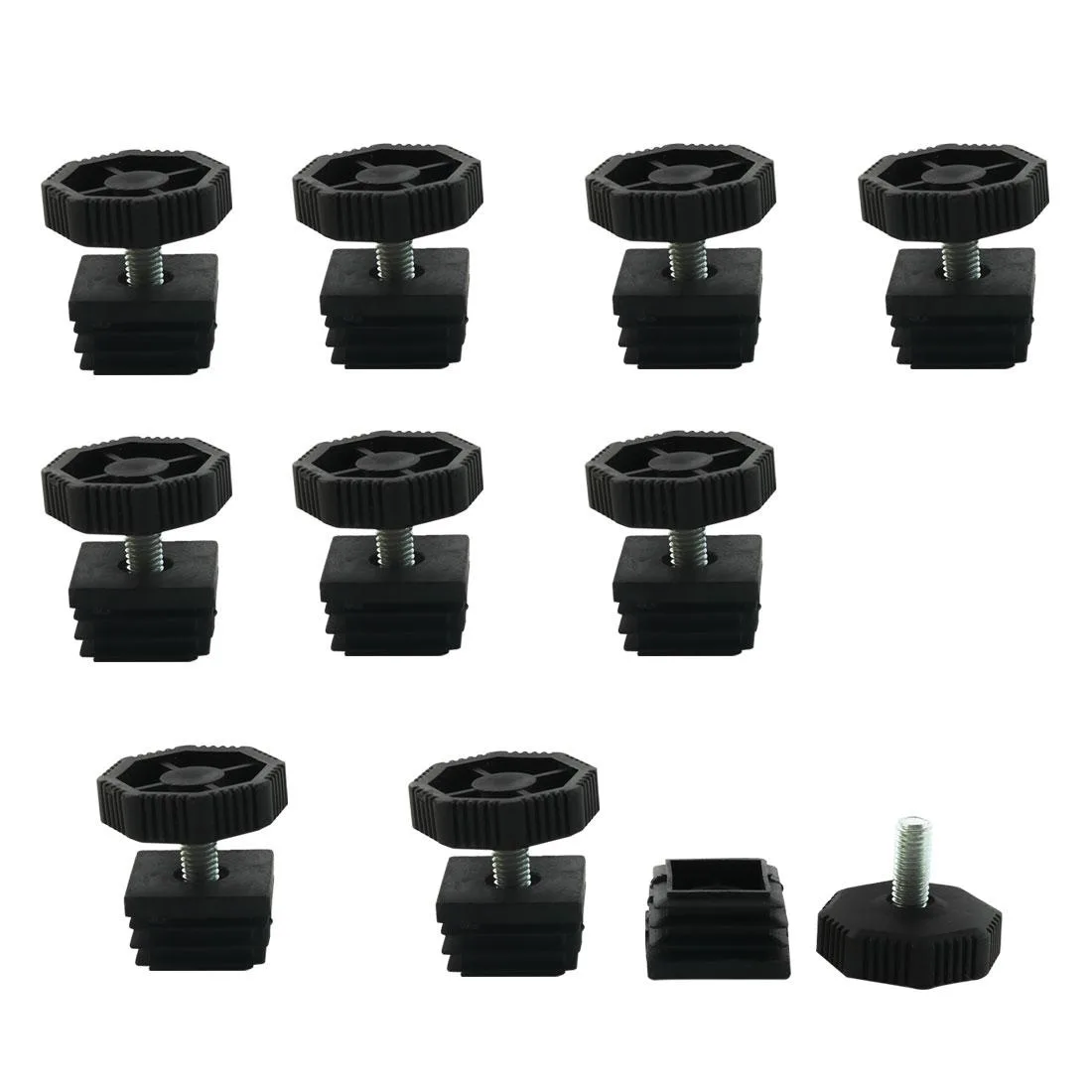 Ten sets of square tube inserts with adjustable leveling feet, plastic bases, metal threaded stems, 30mm profile