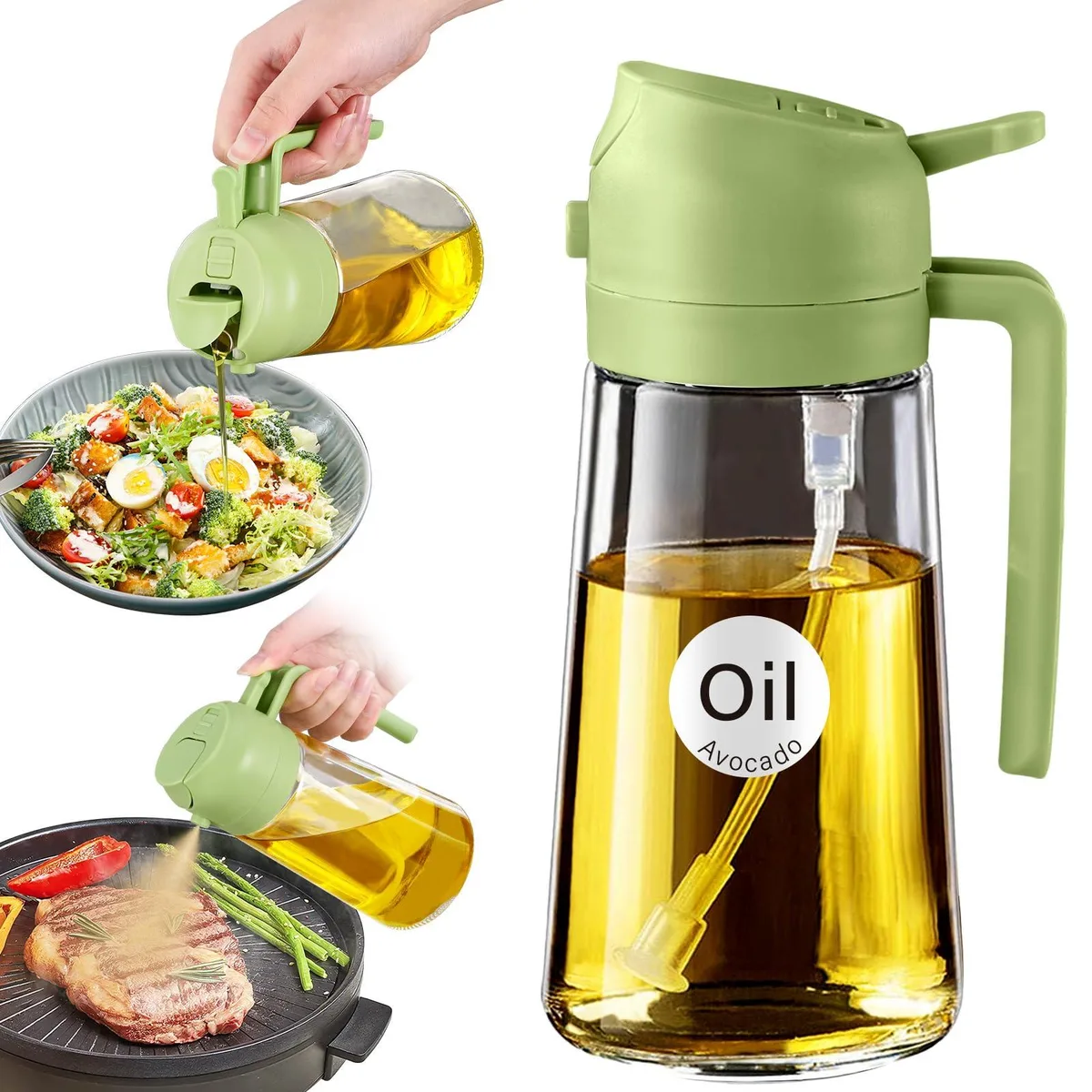 Dark blue glass oil sprayer with pump handle and wide neck
