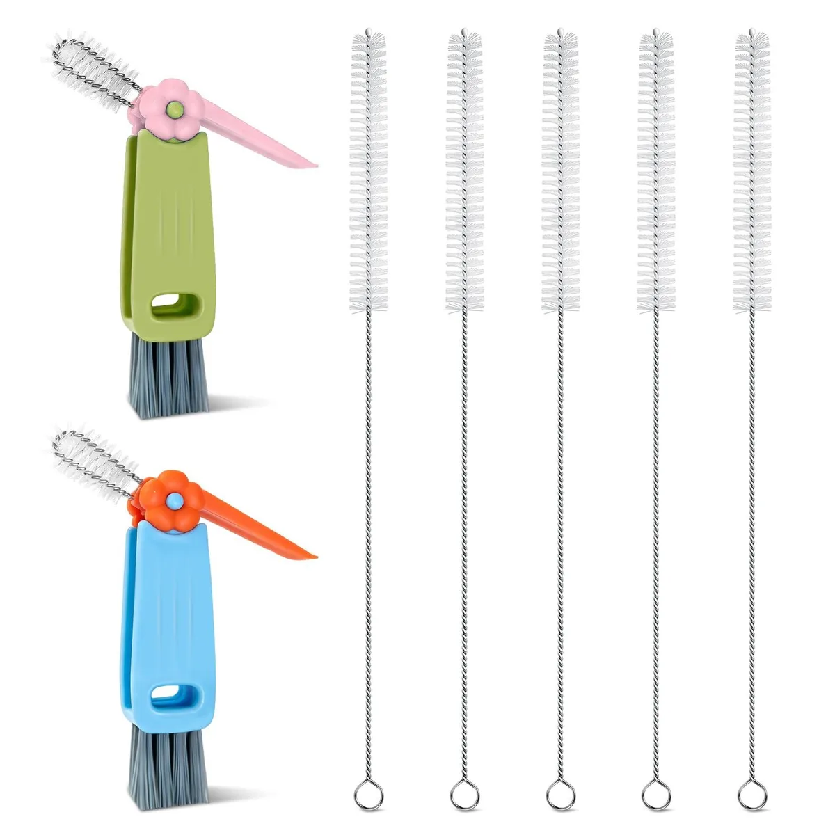 Seven-piece brush set with five long straw cleaners and two 3-in-1 cup lid tools, mixed colours, hanging loops