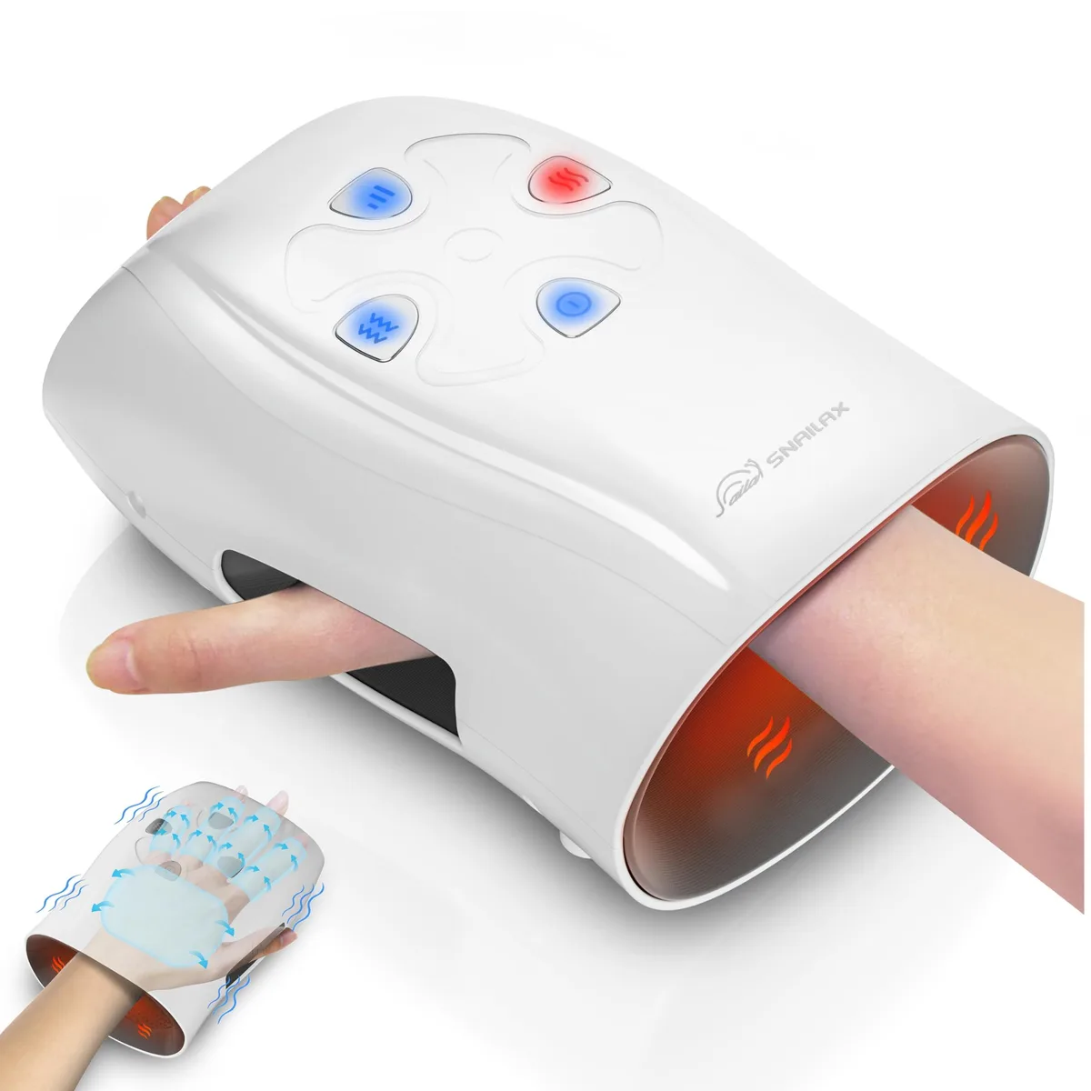 White cordless hand massager, rounded rectangular shape with soft interior lining