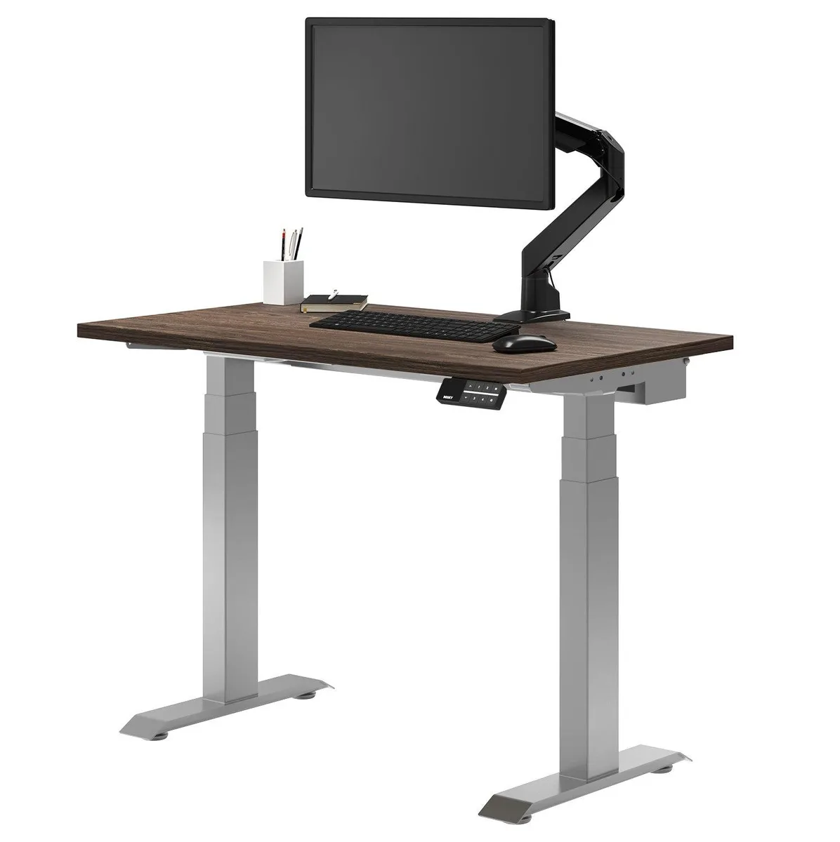 Desky Desky Dual Mini Sit Stand Desk Natural Walnut 40 x 24 in Grommets Grey — product photo