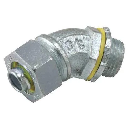 Gray steel liquid-tight conduit fitting with 45-degree elbow, trade size 1 in