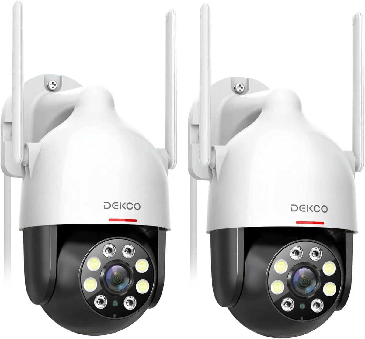 Two white bullet cameras with pan-tilt bases, floodlights and antennas