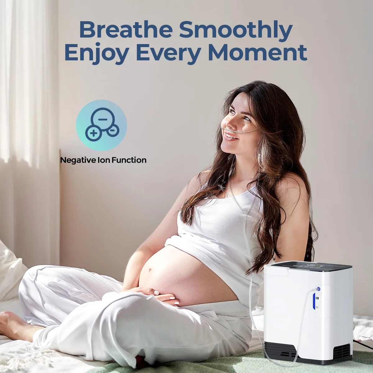 White dual-function oxygen concentrator with nebulizer, touch panel and remote control