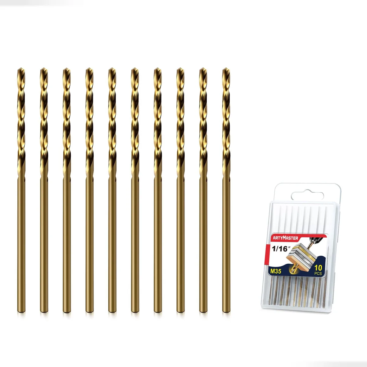 Ten cobalt drill bits in a compact case