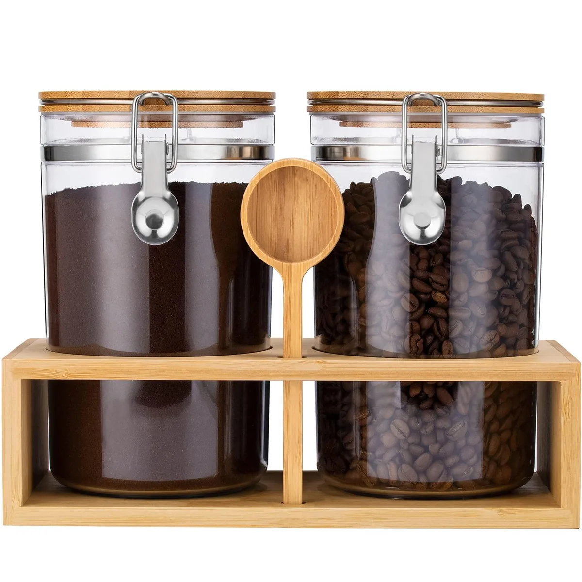 Two brown airtight canisters with wooden lids, wooden shelf and scoop