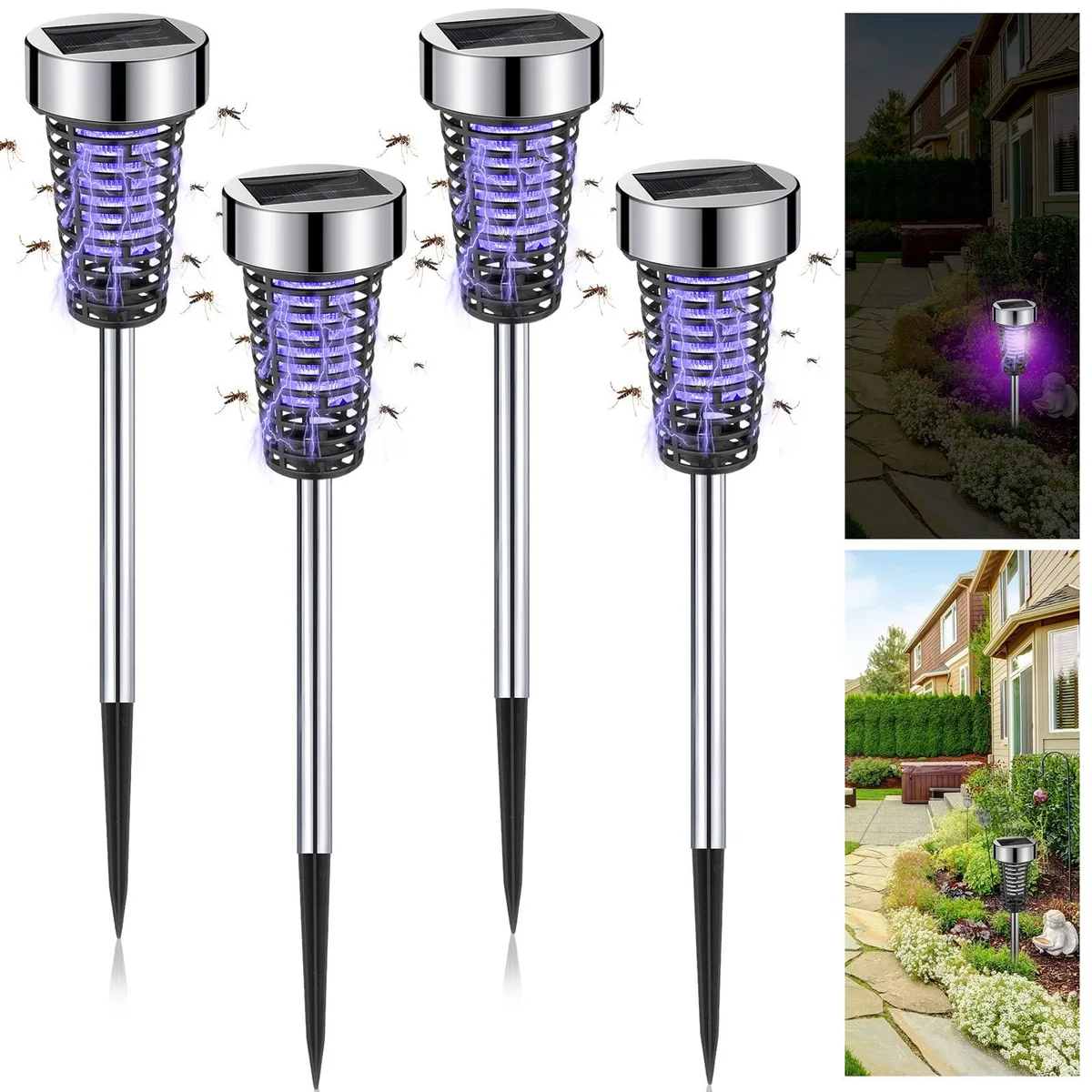 Four silver stainless steel solar bug zappers with purple LED lights and ground stakes
