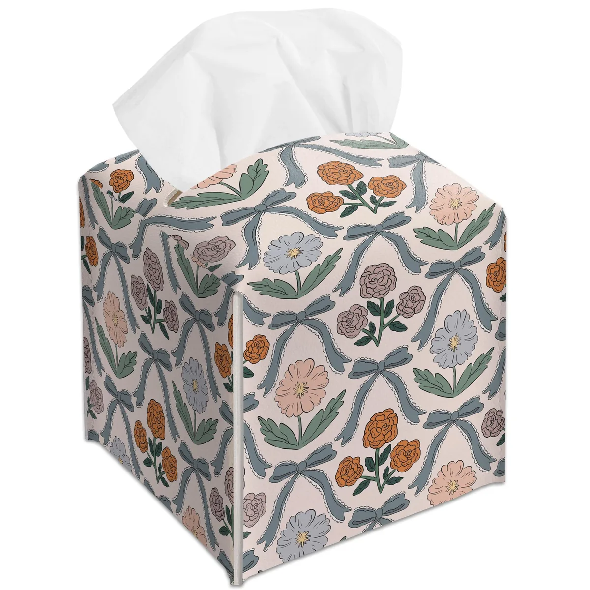 Square leather tissue box cover with vintage bow pattern, 5.2 inches per side