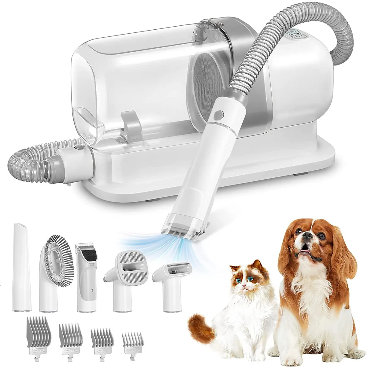 White pet grooming vacuum unit with 2.3L dust cup and five grooming tools attached