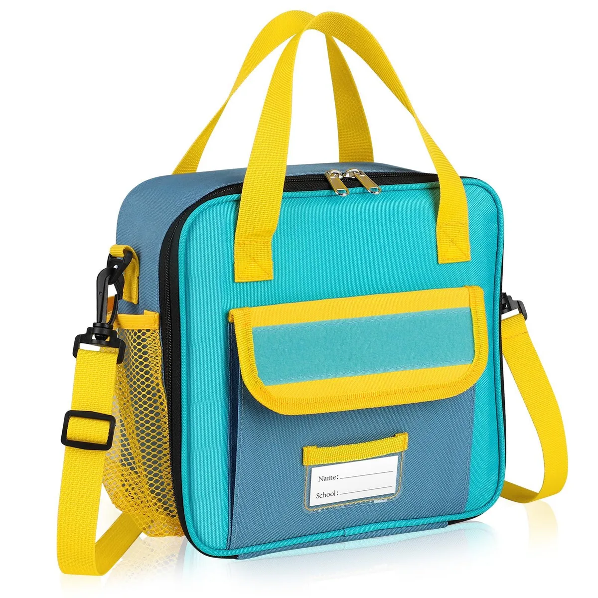 Blue rectangular insulated lunch bag with front patch panel and adjustable shoulder strap