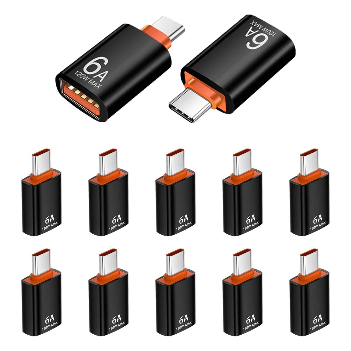 Twelve black USB-C male to USB-A female adapters, compact rectangular form, matte finish with silver edges