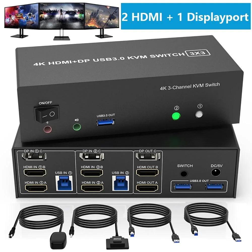 Hitoor Hitoor 2 HDMI + DisplayPort Triple Monitor KVM Switch 4K@60Hz 3 USB 3.0 — product photo