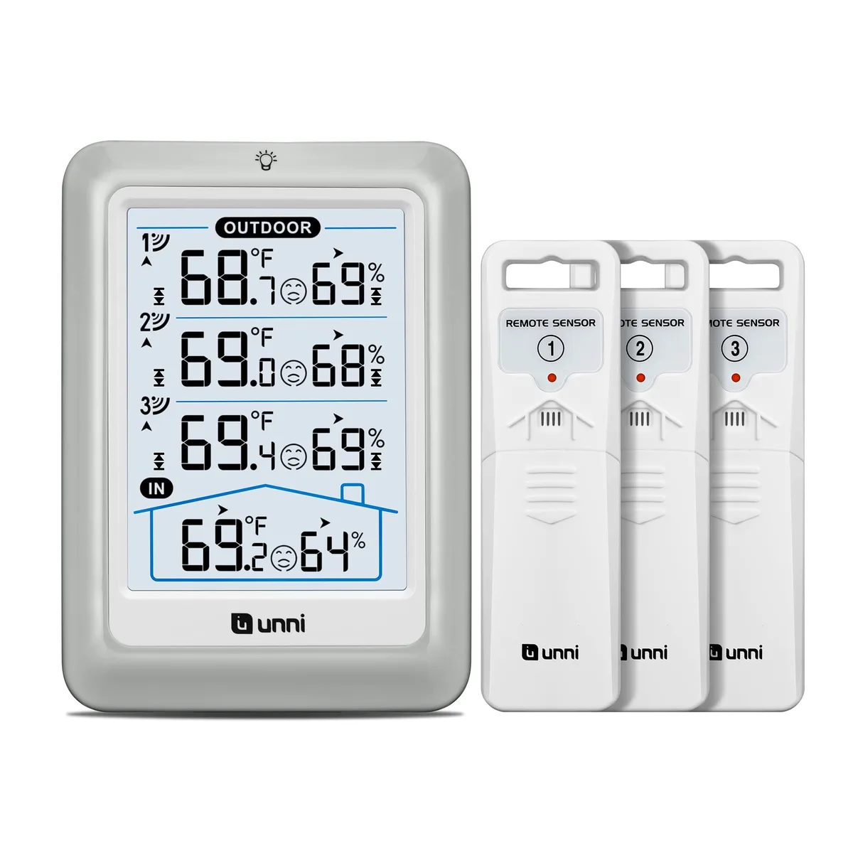 White rectangular display unit with large 4.5 inch LCD screen and three small wireless sensors