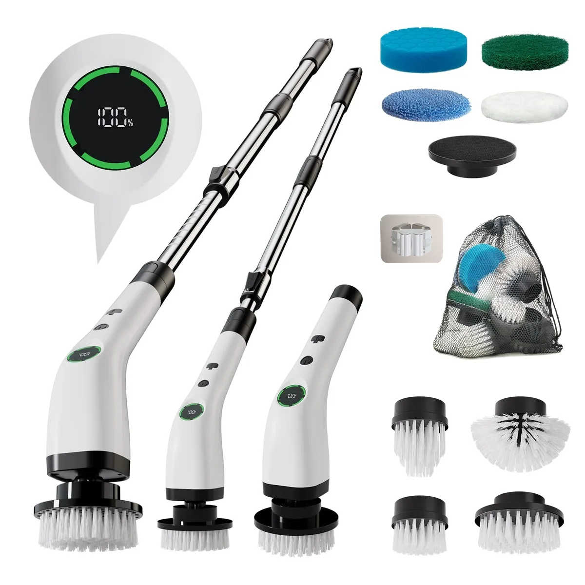 White cordless spin scrubber with adjustable handle and eight brush heads, IPX7 waterproof rating