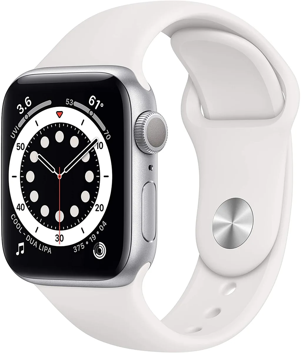 Apple Apple Series 6 Watch 40mm Silver Aluminum White Sport Band GPS MG283LL/A wearable technology — product photo