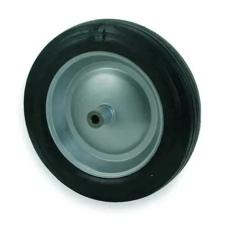 Grey semi-pneumatic wheel, 16 inch diameter, ribbed tread, steel hub