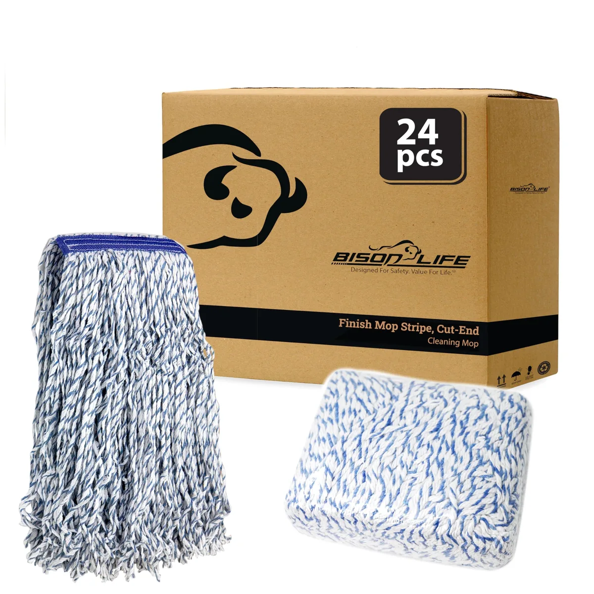 Blue and white cut-end mop heads in a case of 24