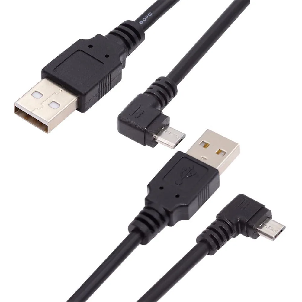 Short black USB 2.0 cable with right-angled Micro USB plug and straight Type-A end