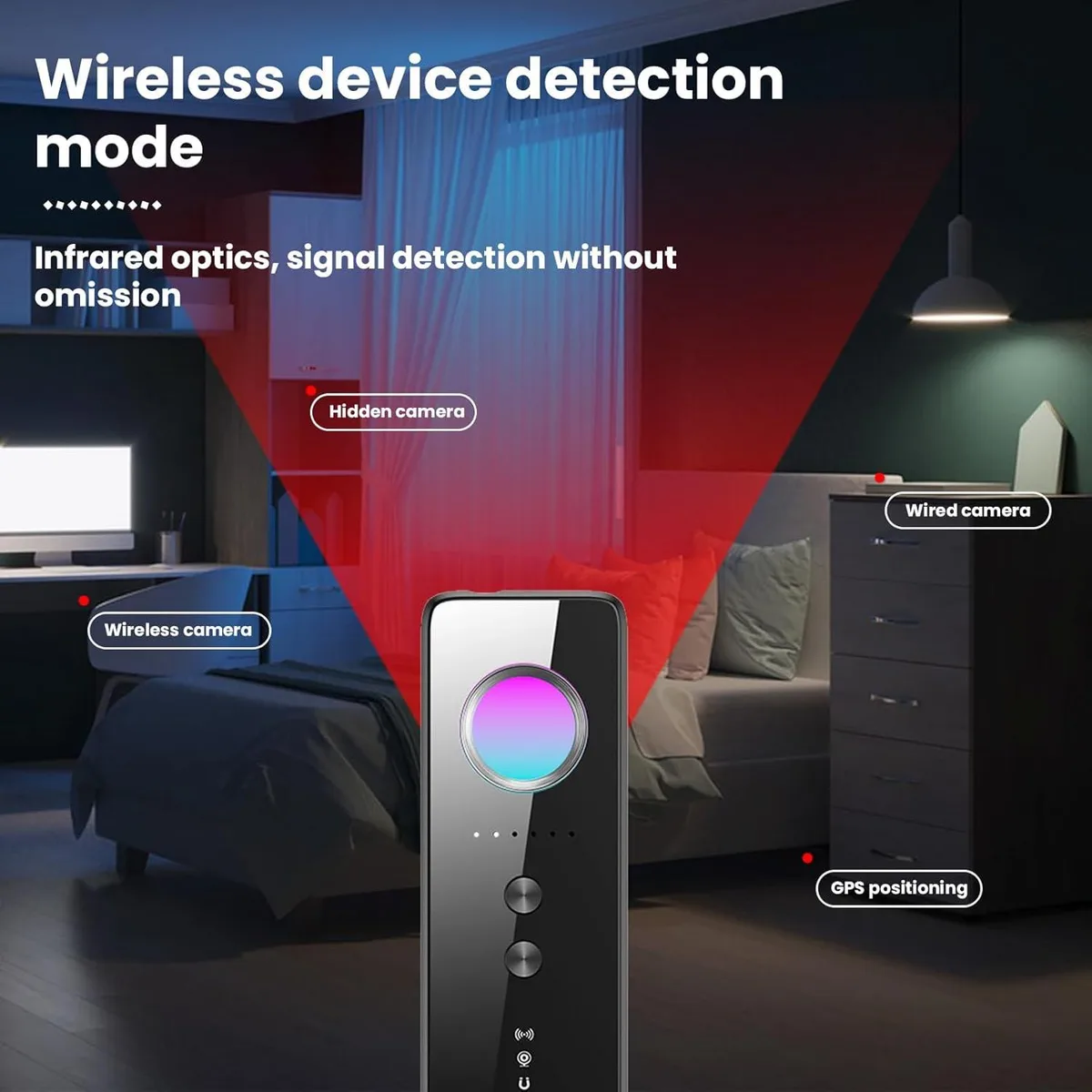 Handheld detector with signal LEDs and control buttons, matte finish